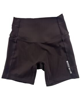 Muscle Nation Womens M Medium Bike Shorts Cocoa Brown Pocket Athletic Gym Run